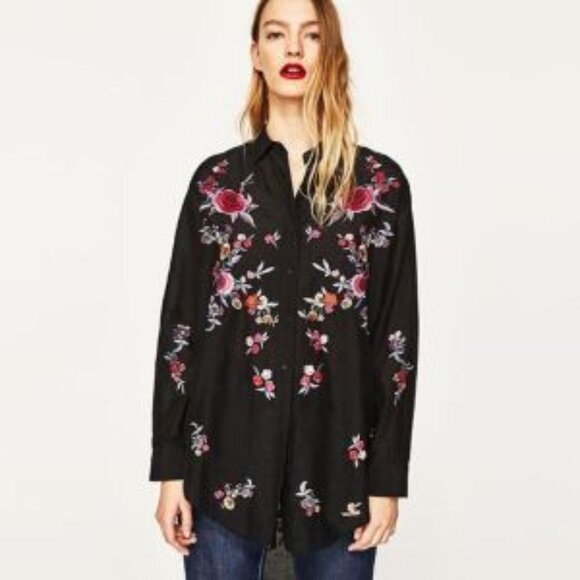 Zara Woman Floral Embroidered Hi Low Tunic Top Size XS Black Red Button Up Boho - Picture 1 of 9